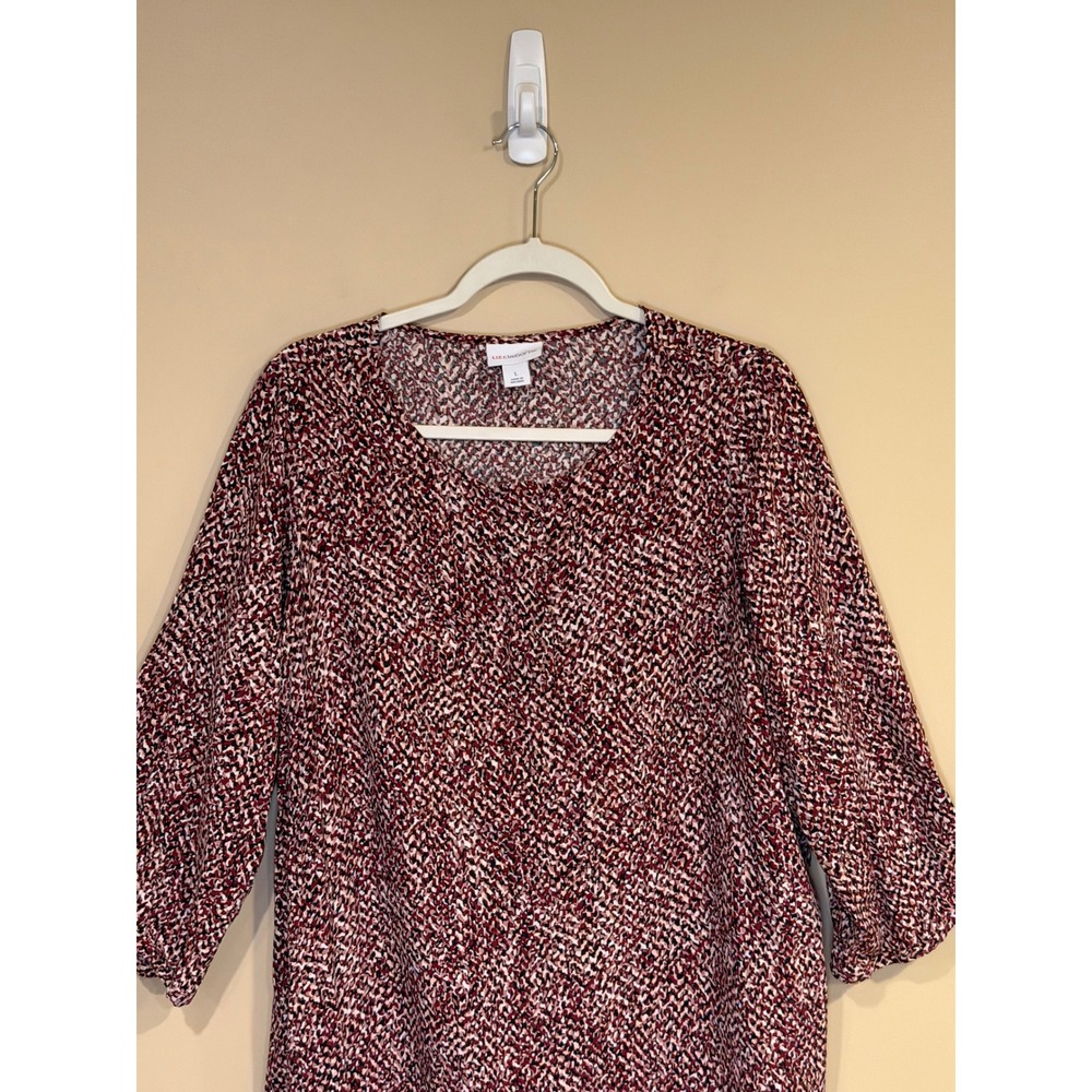 Liz Claiborne Womens Blouse Burgundy Large Print Top Career Office Abstract - Picture 4 of 6